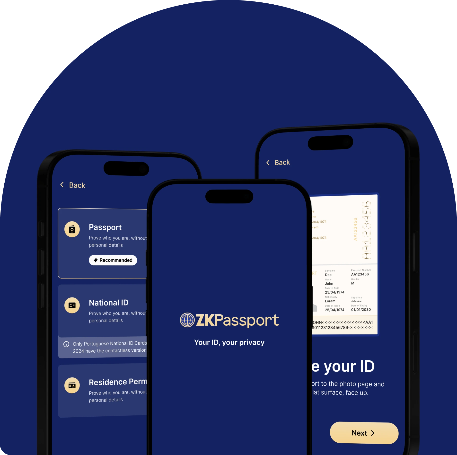 Three iPhones running the ZKPassport app over a deep-blue arched backdrop
